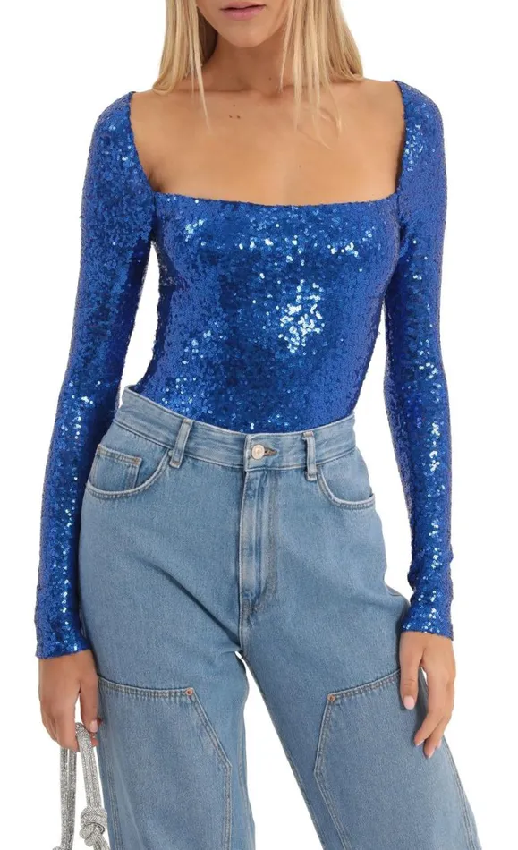 Sequin Long Sleeve Bodysuit Blue Women LUCY IN THE SKY Bodysuits Sequin Long Sleeve Bodysuit Blue Women LUCY IN THE SKY Bodysuits