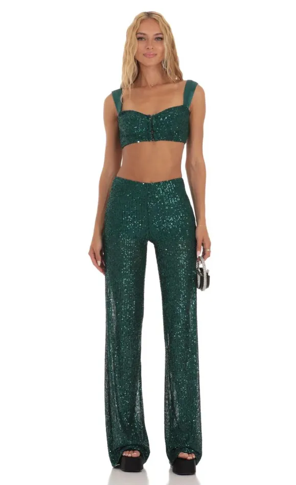 Sequin Two Piece Set Green Women LUCY IN THE SKY Pants