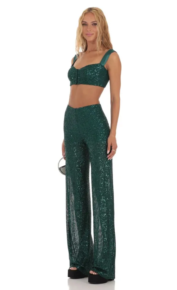 Sequin Two Piece Set Green Women LUCY IN THE SKY Pants Sequin Two Piece Set Green Women LUCY IN THE SKY Pants