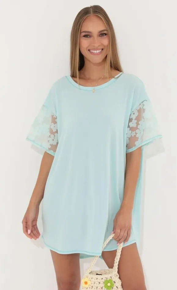 Shirt Dress Teal Flowers Women LUCY IN THE SKY Mini Dresses