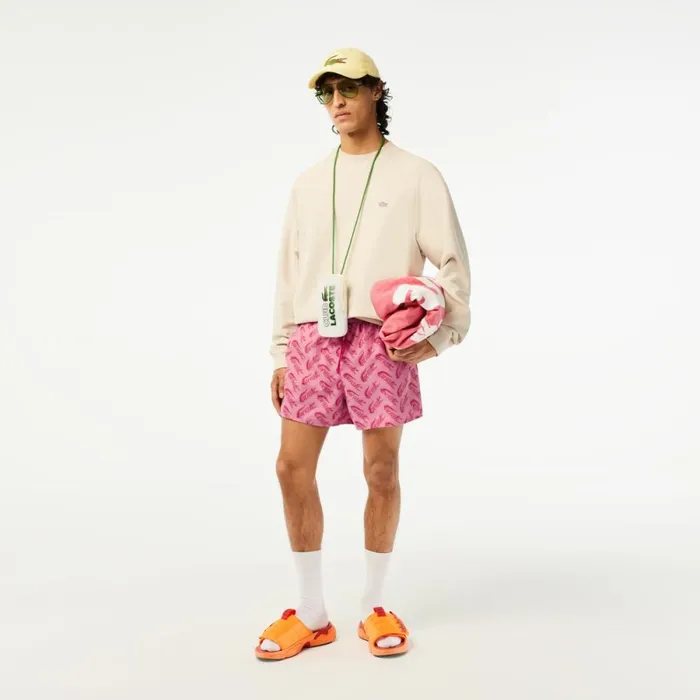 Shorts and Swim Men Lacoste Mens Printed Swim Trunks Red Pink Ay1