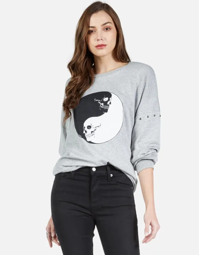Sierra Skull Yin Yang Heather Grey Women Lauren Moshi Long Sleeve
