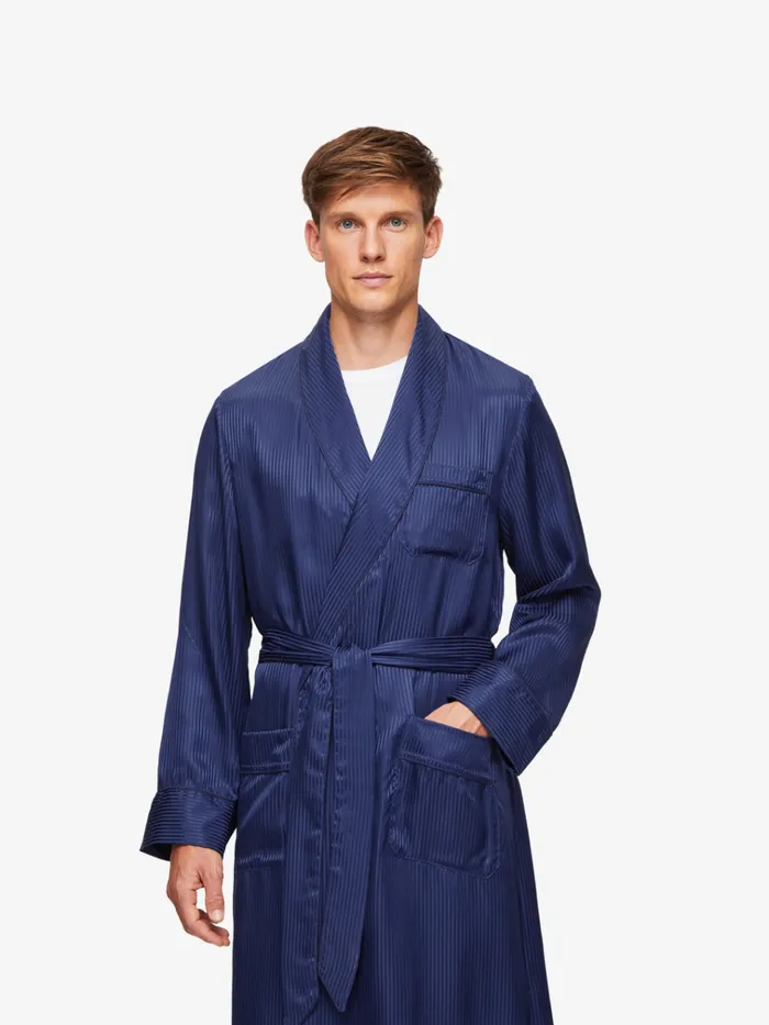 Silk Robes Men Derek Rose Robe Woburn 8 Silk Satin Navy