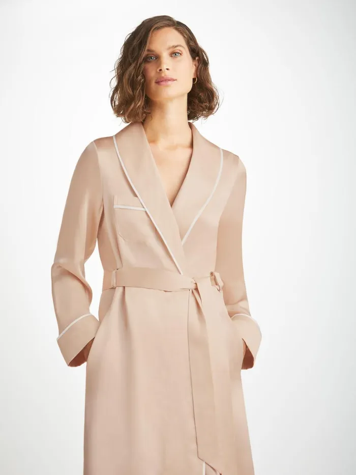 Silk Robes Women Derek Rose Long Robe Bailey Silk Satin Champagne