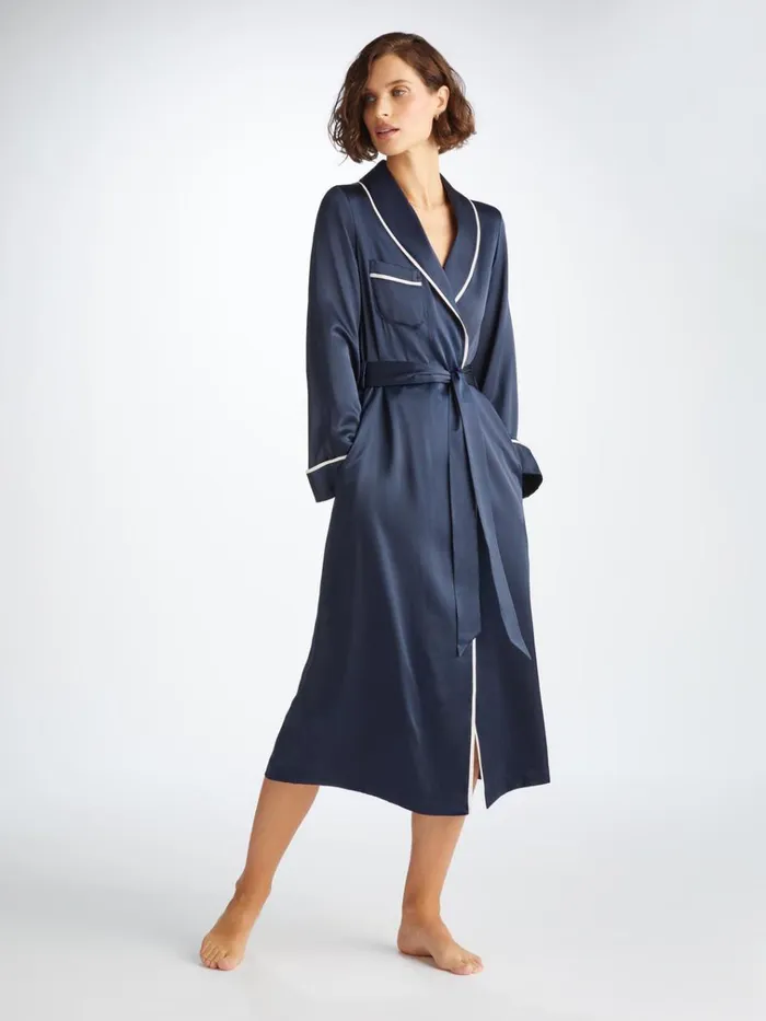 Silk Robes Women Derek Rose Long Robe Bailey Silk Satin Navy