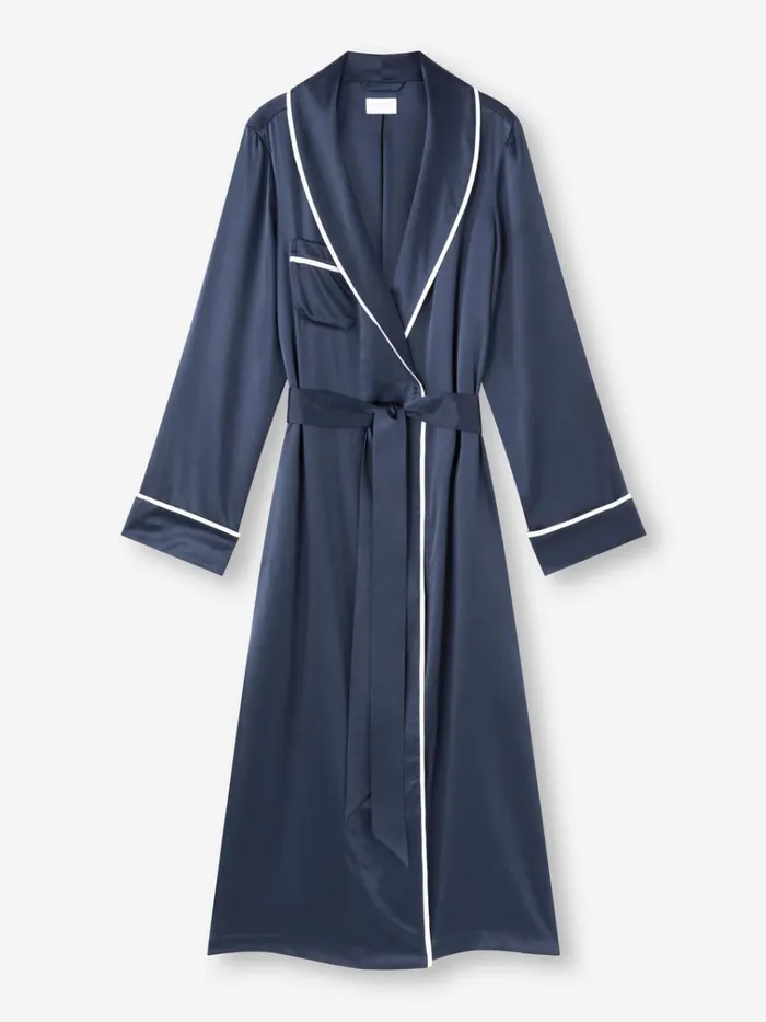 Silk Robes Women Derek Rose Long Robe Bailey Silk Satin Navy