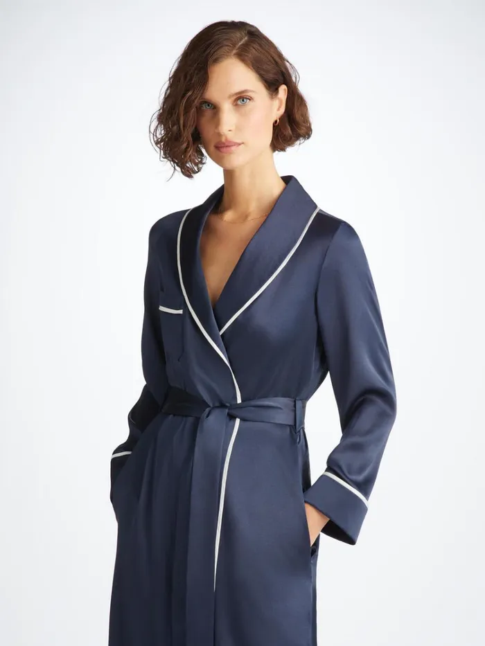 Silk Robes Women Derek Rose Long Robe Bailey Silk Satin Navy