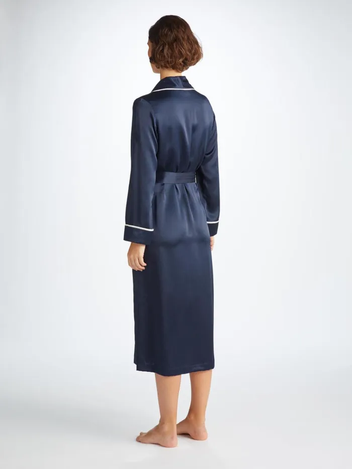 Silk Robes Women Derek Rose Long Robe Bailey Silk Satin Navy