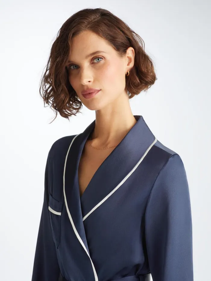 Silk Robes Women Derek Rose Long Robe Bailey Silk Satin Navy