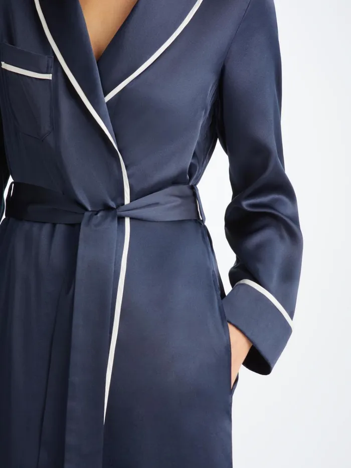 Silk Robes Women Derek Rose Long Robe Bailey Silk Satin Navy