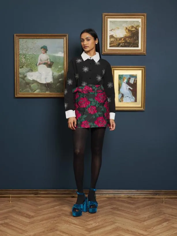 Sister Jane Bottoms Womenswear Baroque Jacquard Mini Skirt Fushia Black