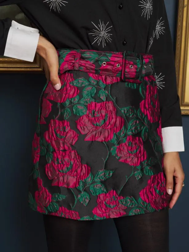 Sister Jane Bottoms Womenswear Baroque Jacquard Mini Skirt Fushia Black