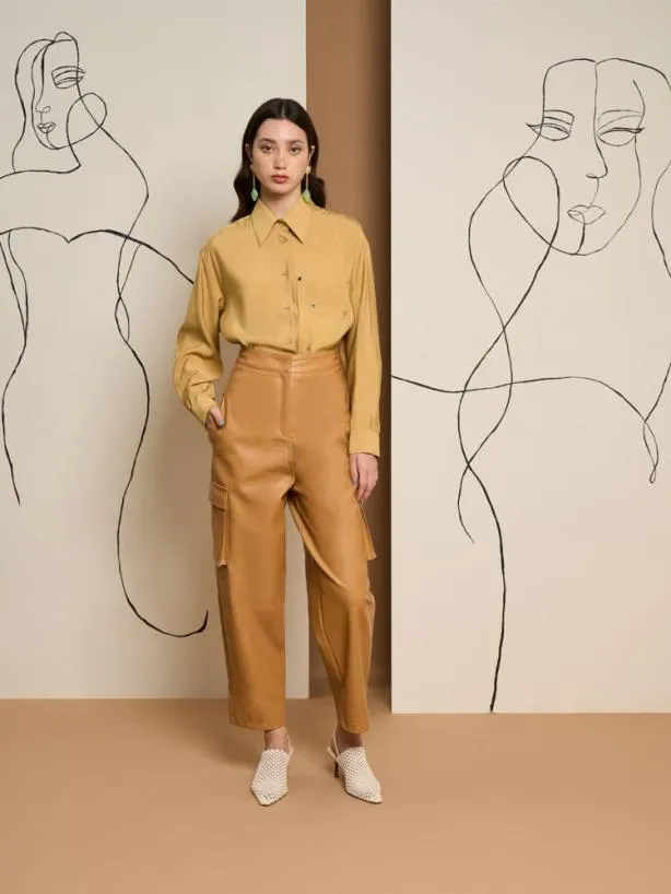 Sister Jane Bottoms Womenswear Ghospell Alexa PU Cargo Trousers Cashew Brown