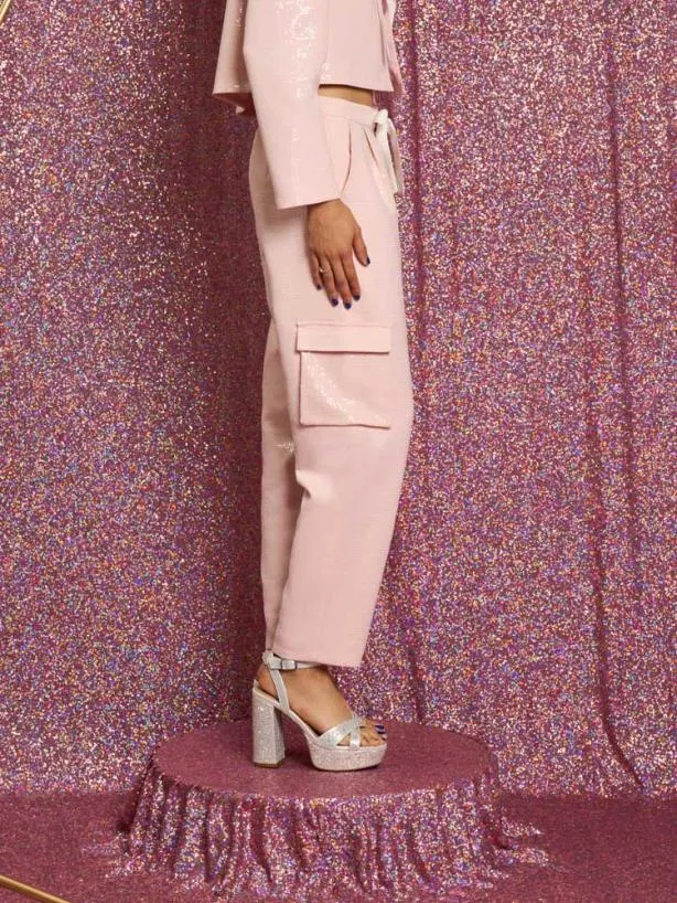 Sister Jane Bottoms Womenswear Headline Sequin Cargo Trousers Pale Pink