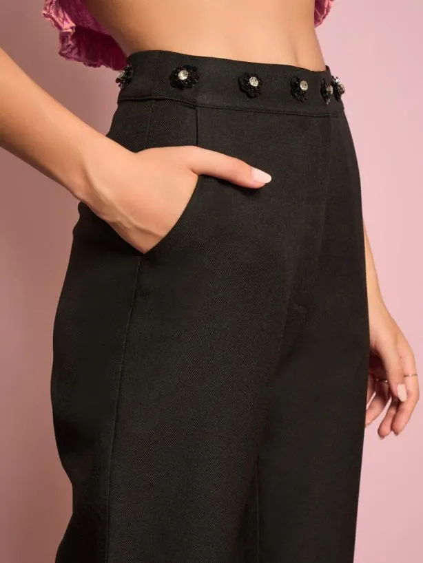Sister Jane Bottoms Womenswear Priya Embellished Trousers Black Satin