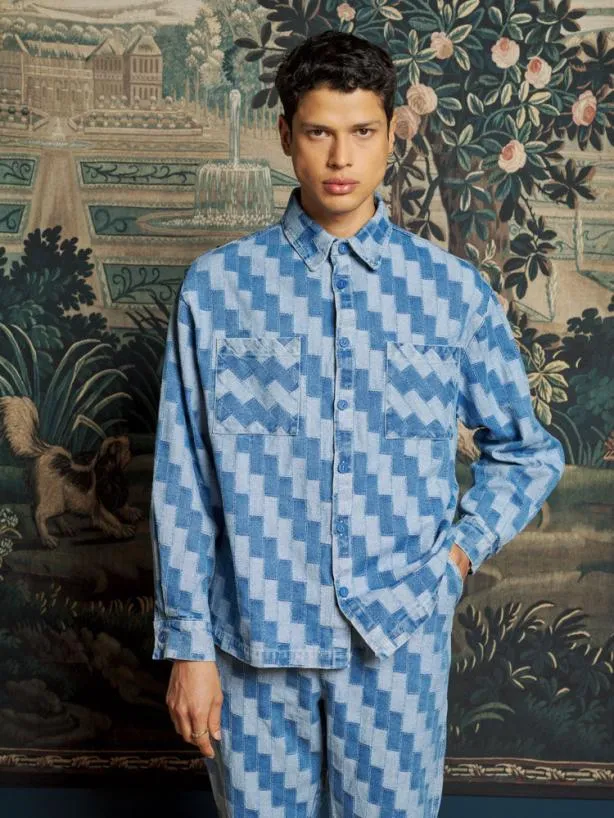 Sister Jane Shirts Menswear Ansel Patchwork Denim Shirt Indigo Blue