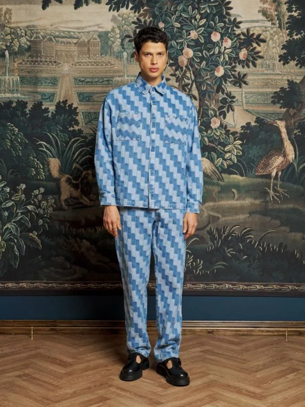 Sister Jane Shirts Menswear Ansel Patchwork Denim Shirt Indigo Blue