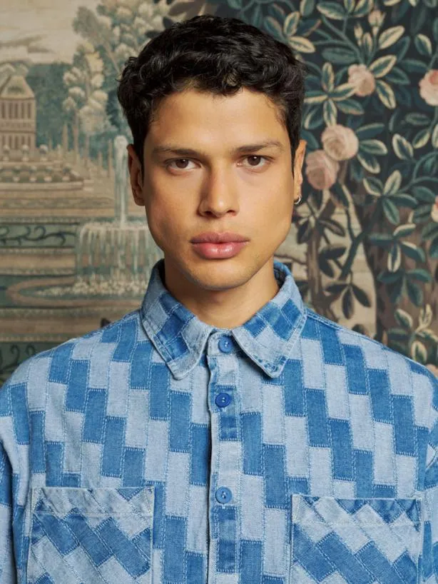Sister Jane Shirts Menswear Ansel Patchwork Denim Shirt Indigo Blue