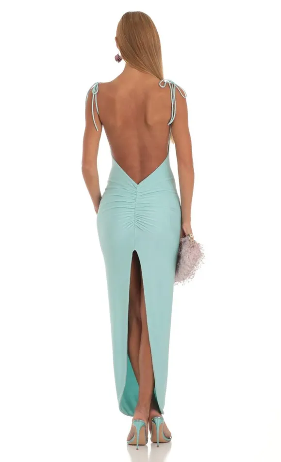 Slinky Back Slit Maxi Dress Aqua Women LUCY IN THE SKY Maxi Dresses