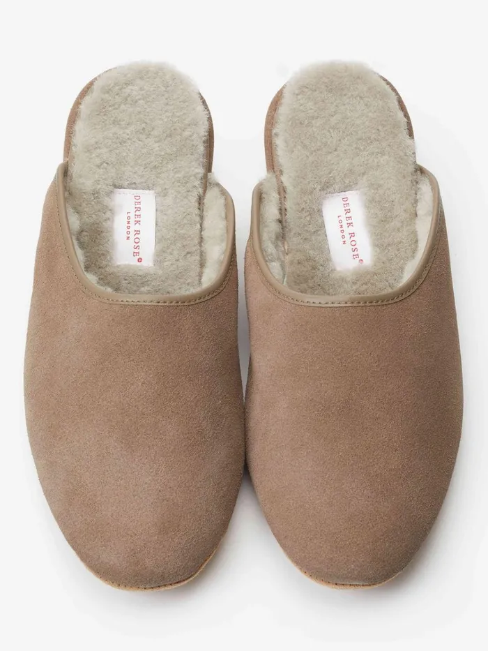 Slippers MenSlippers Derek Rose Mule Slippers Douglas Suede Sheepskin Beige
