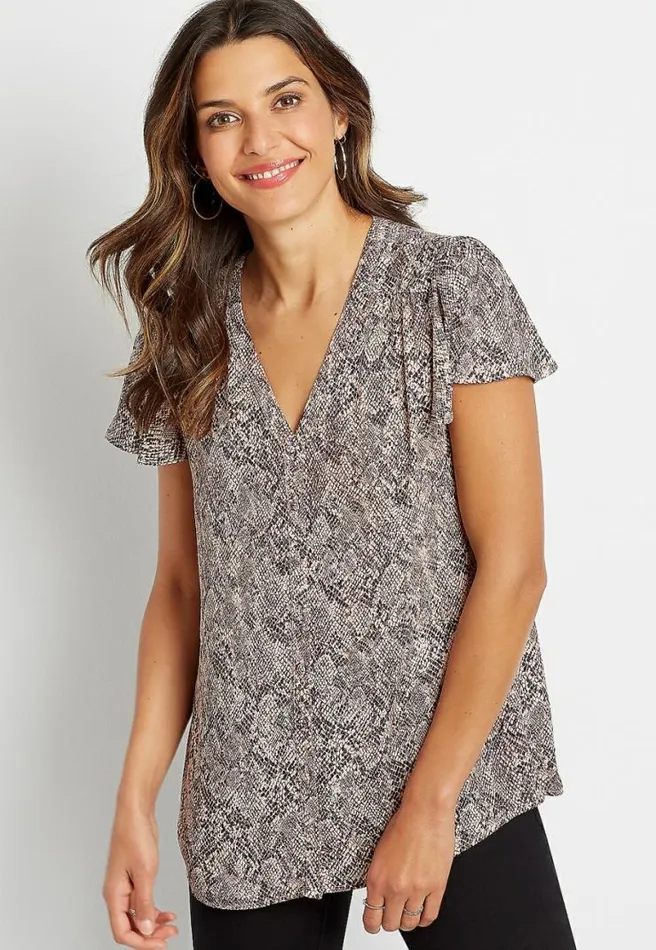 Snakeskin Flutter Sleeve Button Front Blouse Women Maurices Tops