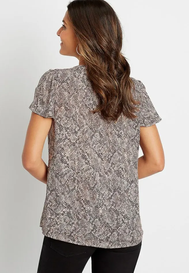 Snakeskin Flutter Sleeve Button Front Blouse Women Maurices Tops