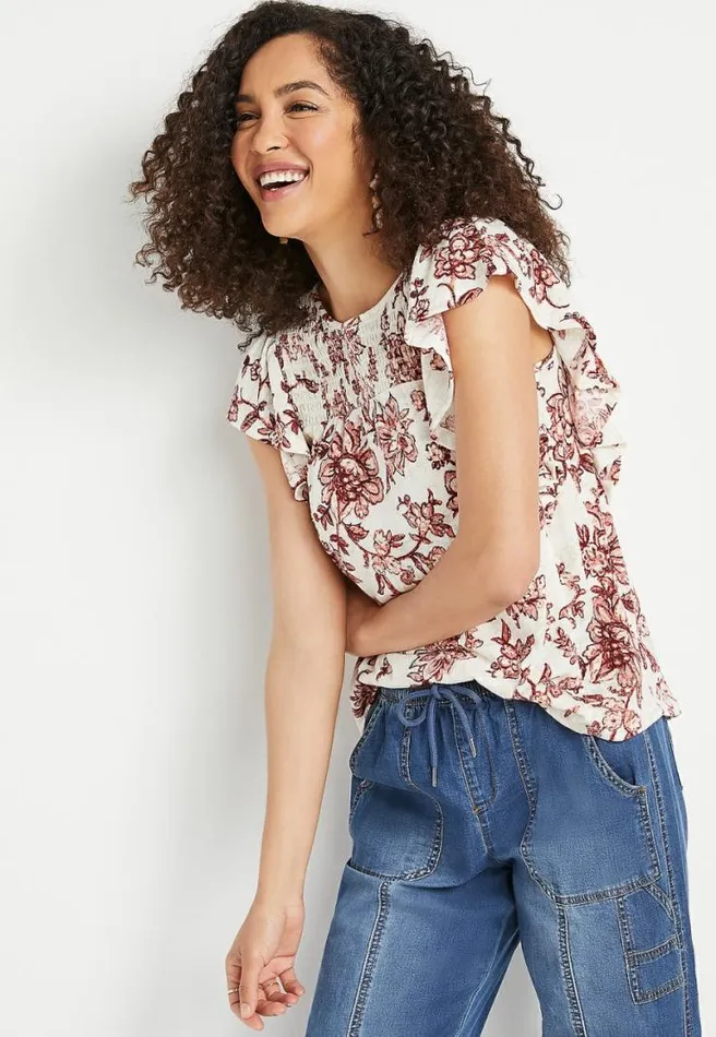 Soft White Floral Smocked Flutter Sleeve Blouse Women Maurices Tops