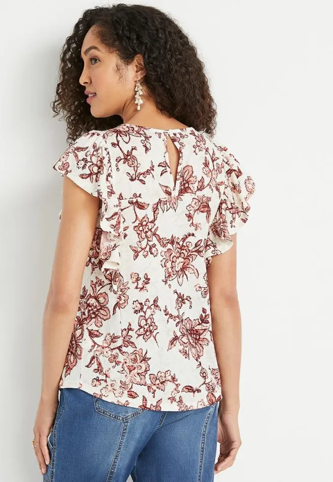 Soft White Floral Smocked Flutter Sleeve Blouse Women Maurices Tops