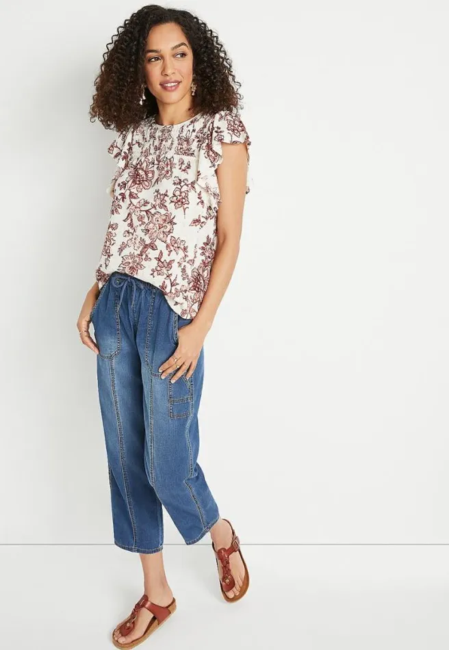 Soft White Floral Smocked Flutter Sleeve Blouse Women Maurices Tops