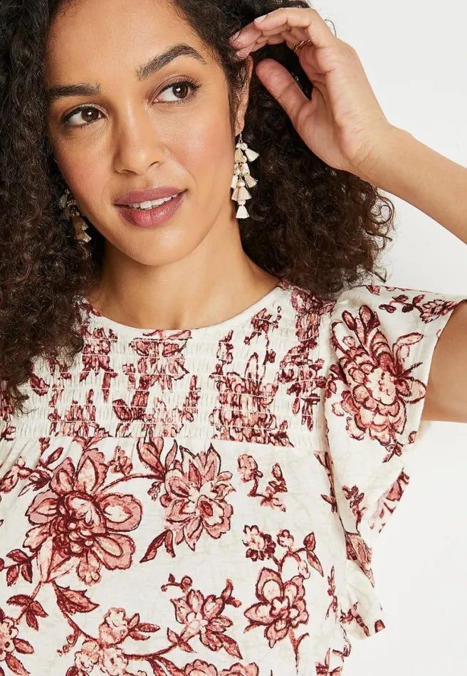 Soft White Floral Smocked Flutter Sleeve Blouse Women Maurices Tops