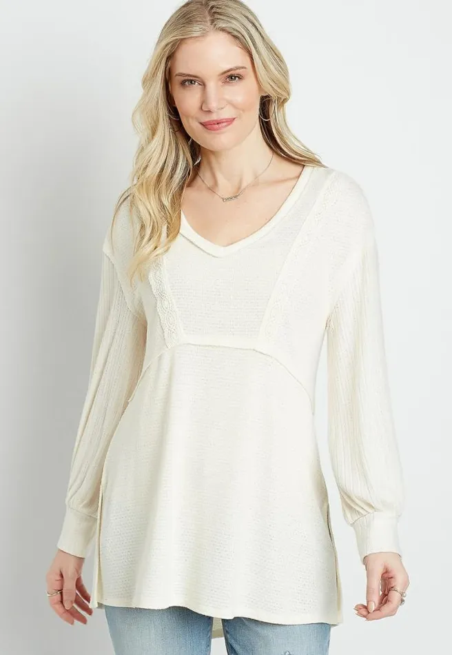 Solid Crochet Trim Blouson Sleeve Tunic Top Women Maurices Tops