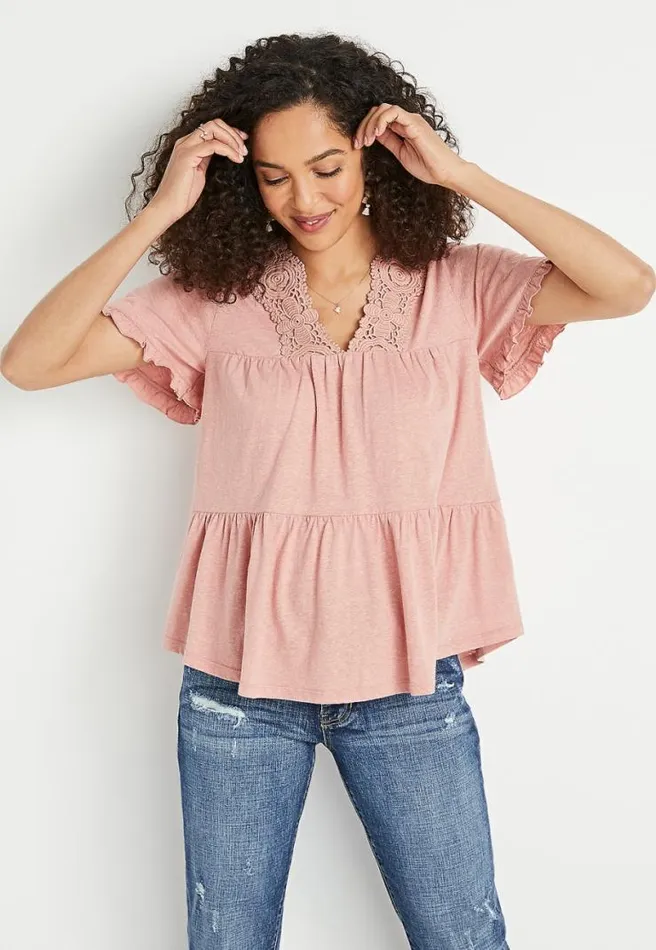 Solid Lace Neck Babydoll Top Women Maurices Tops