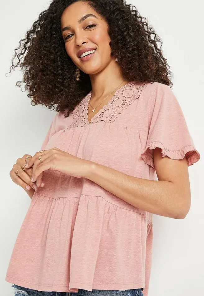 Solid Lace Neck Babydoll Top Women Maurices Tops