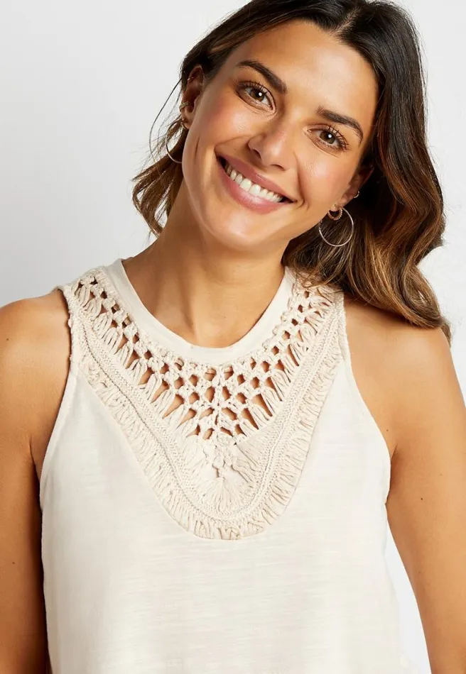 Solid Macrame High Neck Tank Top Women Maurices Tops