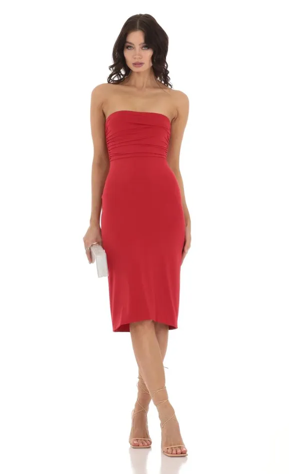 Strapless Midi Dress Red Women LUCY IN THE SKY Midi Dresses Strapless Midi Dress Red Women LUCY IN THE SKY Midi Dresses