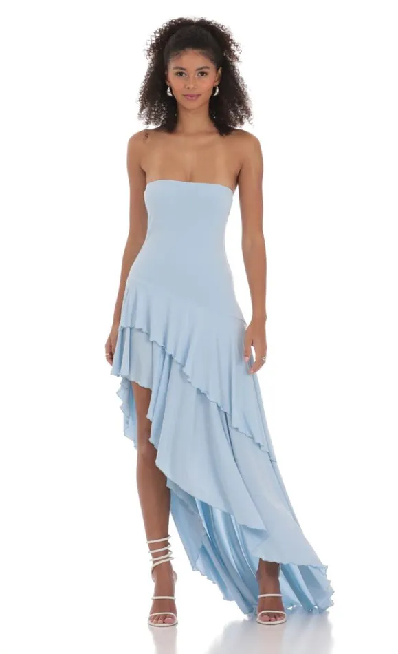 Strapless Ruffle Asymmetrical Maxi Dress Blue Women LUCY IN THE SKY Maxi Dresses