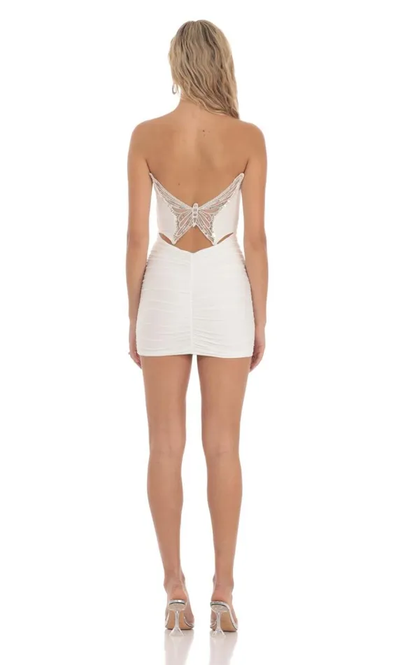 Strapless Sequin Butterfly Bodycon Dress White Women LUCY IN THE SKY Mini Dresses