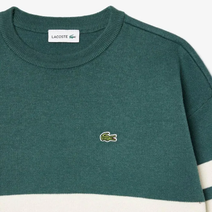 Sweaters and Sweatshirts Kids Lacoste Kids039 Contrast Stripe Cotton Sweater Dark Green White Qi0