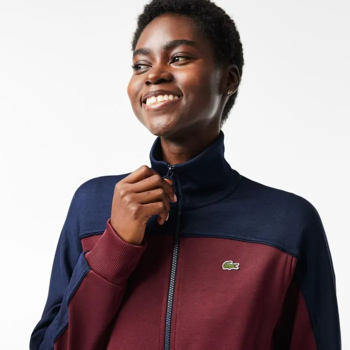 Sweaters and Sweatshirts Women Lacoste Women039s Paris Colorblock ZipUp Sweatshirt Bordeaux Navy Blue Lgi