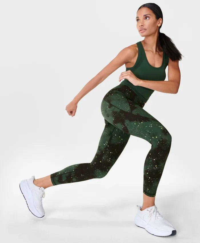 Sweaty Betty Pocketed Women Power 78 Gym Leggings Green Ditsy Star Print