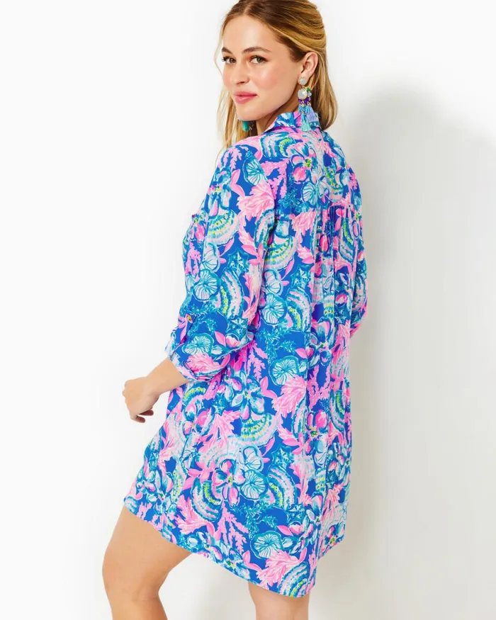 Swim Women Lilly Pulitzer Natalie Shirtdress CoverUp Blue Tang Sitting Seaside