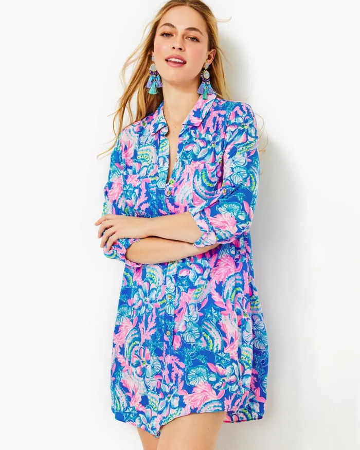 Swim Women Lilly Pulitzer Natalie Shirtdress CoverUp Blue Tang Sitting Seaside Swim Women Lilly Pulitzer Natalie Shirtdress CoverUp Blue Tang Sitting Seaside