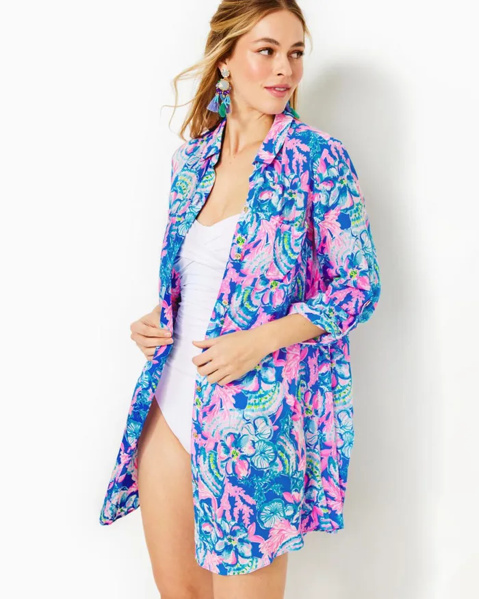 Swim Women Lilly Pulitzer Natalie Shirtdress CoverUp Blue Tang Sitting Seaside Swim Women Lilly Pulitzer Natalie Shirtdress CoverUp Blue Tang Sitting Seaside