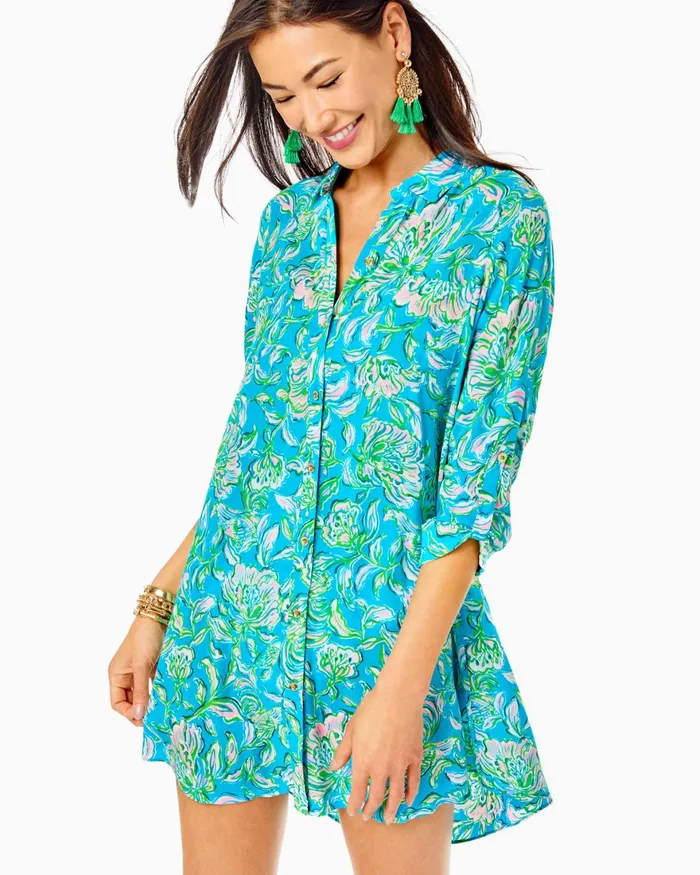 Swim Women Lilly Pulitzer Natalie Shirtdress CoverUp Cumulus Blue Chick Magnet Swim Women Lilly Pulitzer Natalie Shirtdress CoverUp Cumulus Blue Chick Magnet