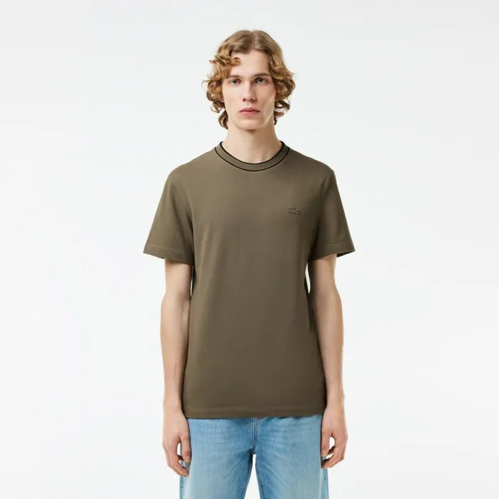 TShirts Men Lacoste Men039s Stretch Piqu Stripe Collar TShirt Khaki Green 316