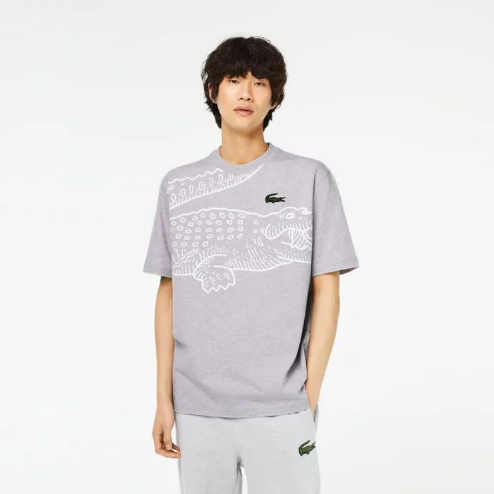TShirts Men Lacoste Mens Loose Fit Crocodile Print Crew Neck TShirt Grey Chine Cca