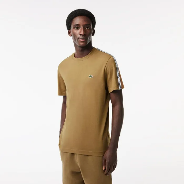 TShirts Men Lacoste Mens Regular Fit Logo Stripe TShirt Brown Six