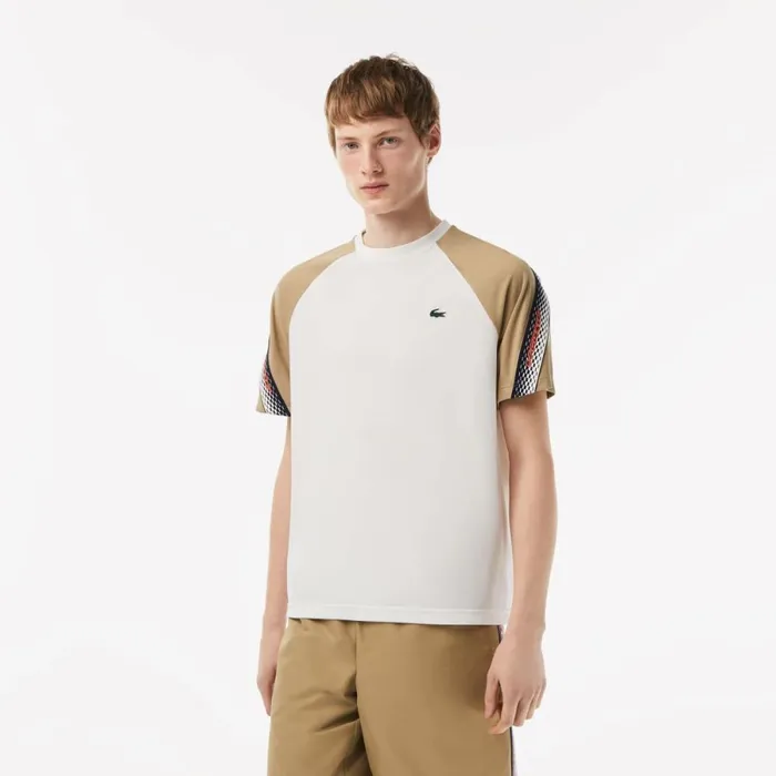 TShirts Men Lacoste Mens SPORT Regular Fit Logo Stripe TShirt White Beige A9c