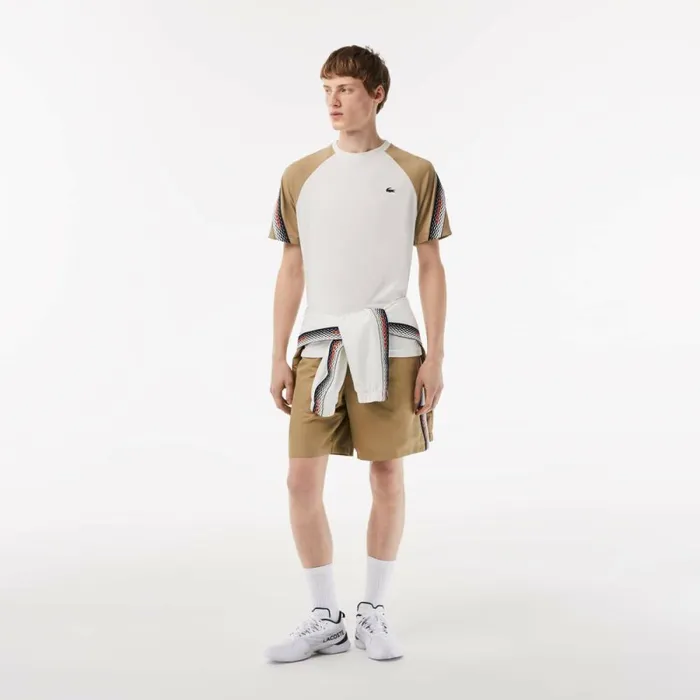 TShirts Men Lacoste Mens SPORT Regular Fit Logo Stripe TShirt White Beige A9c
