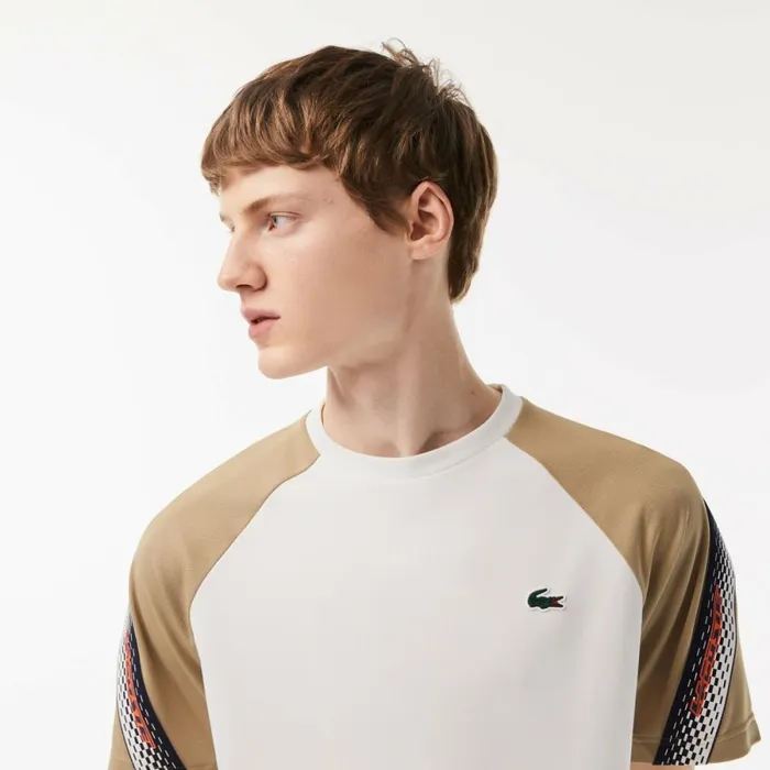 TShirts Men Lacoste Mens SPORT Regular Fit Logo Stripe TShirt White Beige A9c